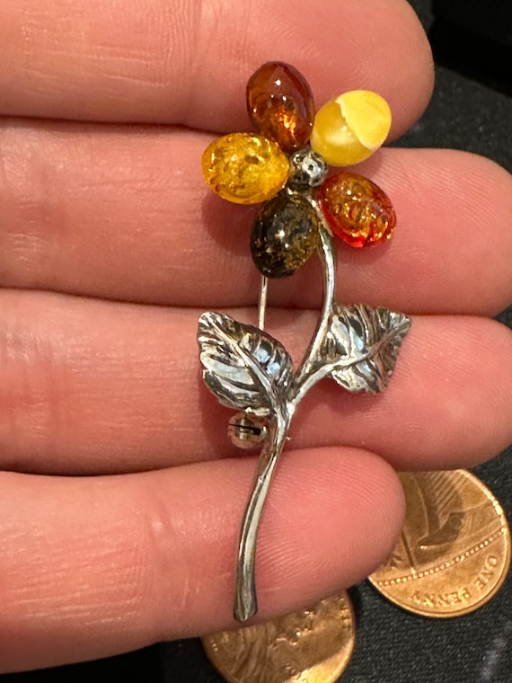 Genuine Baltic Amber Sterling Silver Flower PIn Brooch Red Cognac Honey Egg Yolk