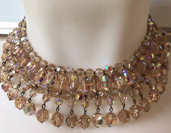 A Beautiful 1950s Vintage Aurora Borealis Crystal Collar Droplet choker necklace champagne gold
