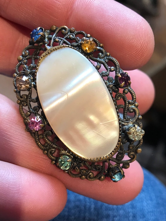 Beautiful vintage Czechoslovakian mother of pearl and multi coloured rhinestone ladies brooch/pin