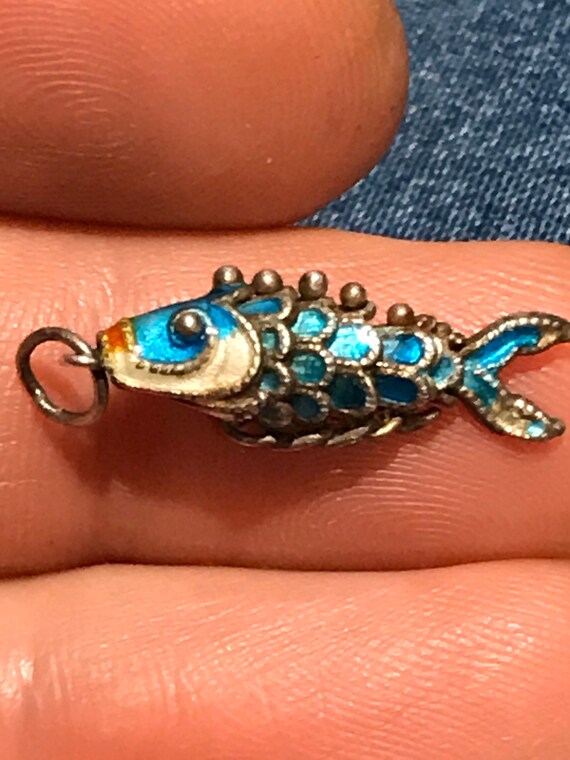 Tiny little Vintage Chinese Sterling Silver blue enamelled Articulated fish pendant lucky Chinese New Year gift
