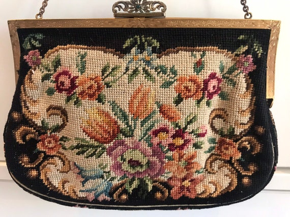 Beautiful original vintage tapestry needle point evening bag with ornate frame and clasp