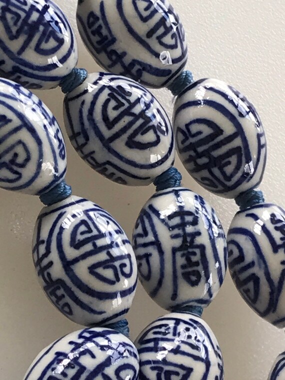Striking Vintage blue and white hand painted porcelain beaded necklace