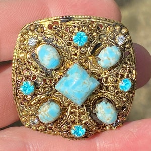 Vintage filigree faux turquoise and rhinestone square filigree brooch Czechoslovak unsigned c1960s
