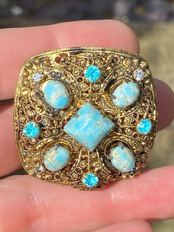 Vintage filigree faux turquoise and rhinestone square filigree brooch Czechoslovak unsigned c1960s