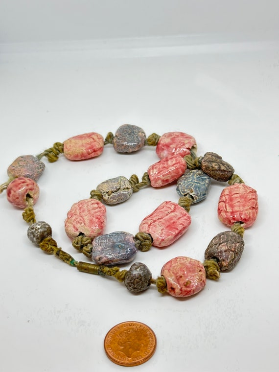 Vintage Chinese Ceramic Beaded Necklace: Pink Grey Abstract Design