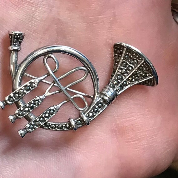 Vintage solid silver and Marcasite brooch designed in the form of a French Horn