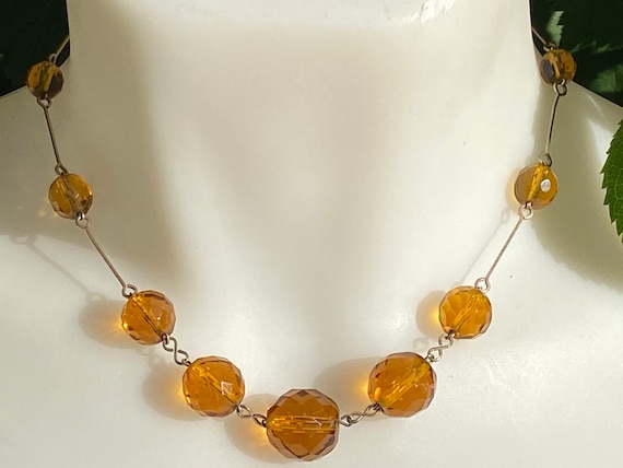 Original Art Deco honey orange crystal faceted glass beaded Necklace