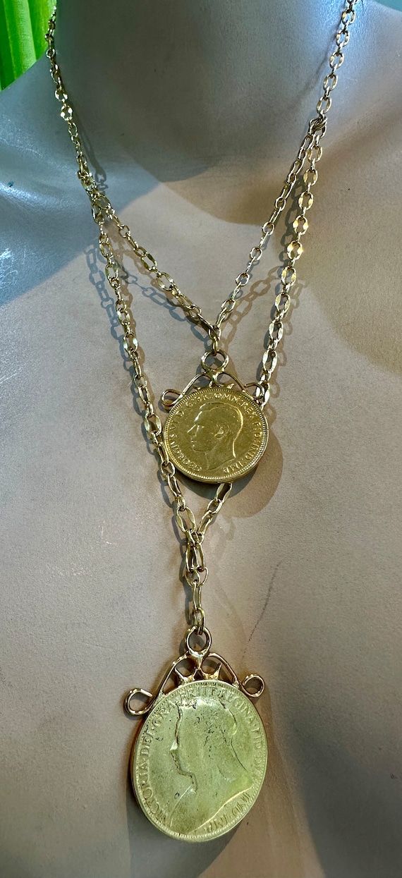 Up- cycled Vintage old coin medallion gold plated necklace two stranded layered