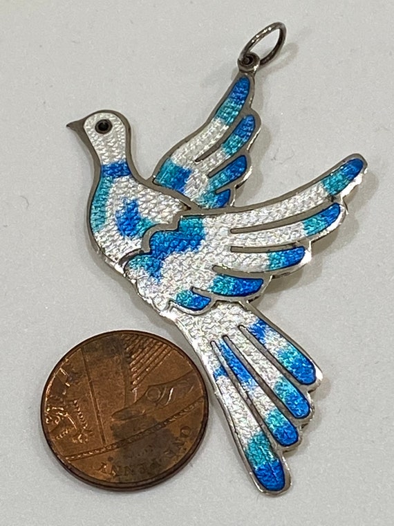 Stunning Vintage sterling silver white and blue enamelled dove pendant