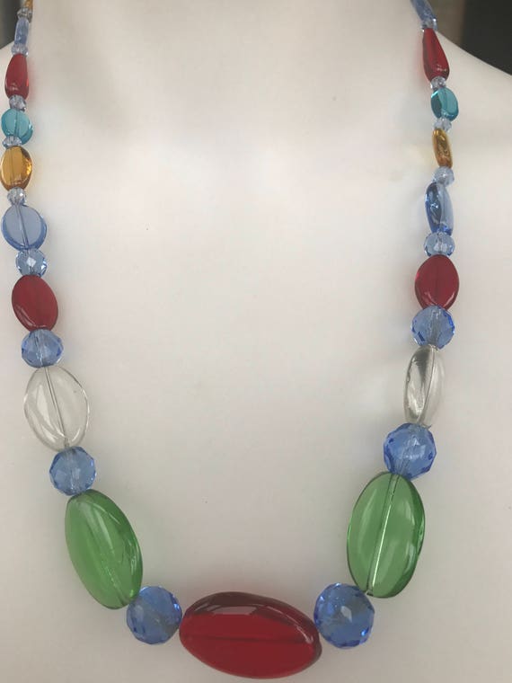 Vintage multi coloured transparent glass beaded glass necklace 23 inches in length