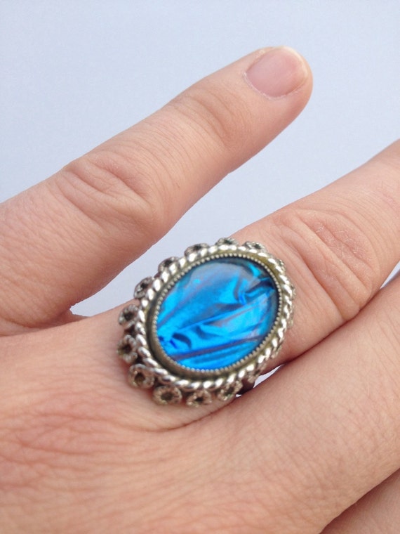 Vintage bright blue butterfly wing and Marcasite ring