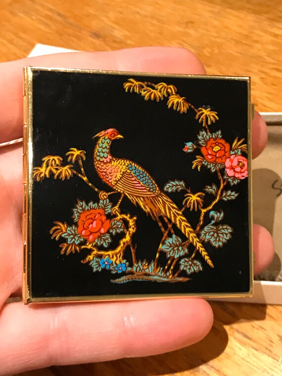 Vintage boxed Stratton handbag mirror with oriental golden pheasant design