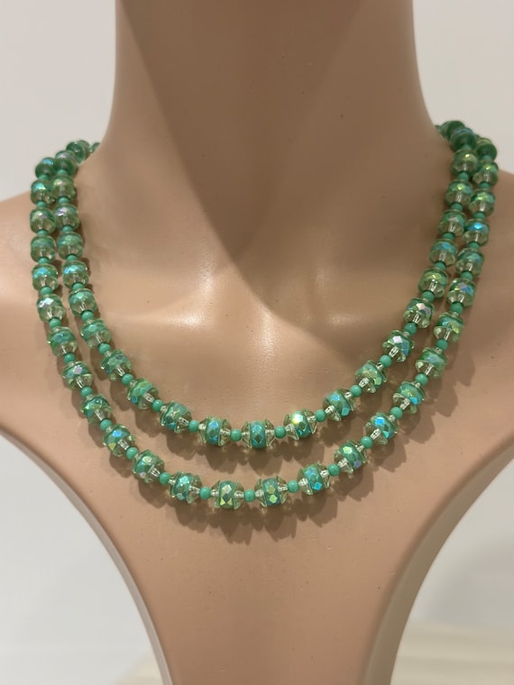 1950s Vintage double stranded mint green metallic Czech beaded necklace