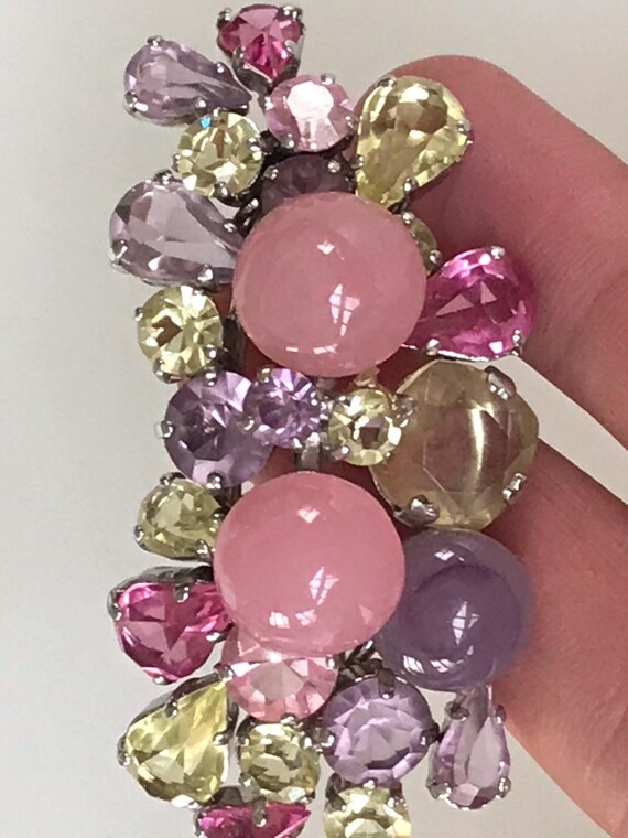 Stunning pink pastel coloured Rhinestone and glass pendant brooch signed Christian Dior 1968 boxed