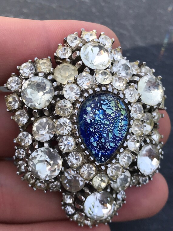 Striking blue  foil glass opal oval tear drop cen… - image 3
