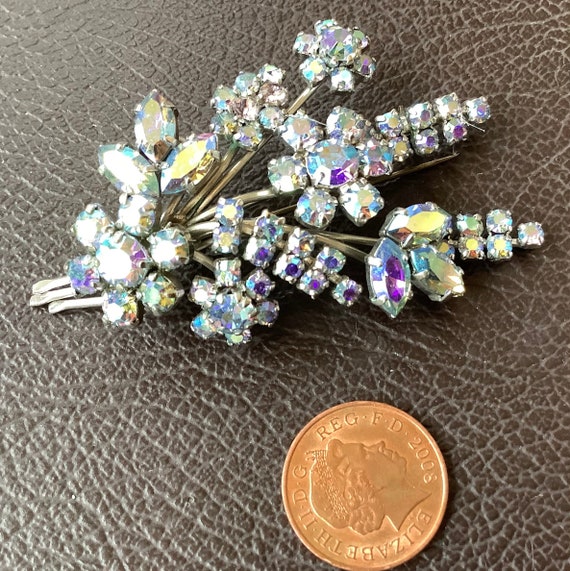 vintage blue aura borealis crystal rhinestone flower stem bouquet brooch pin wedding party Christmas pin