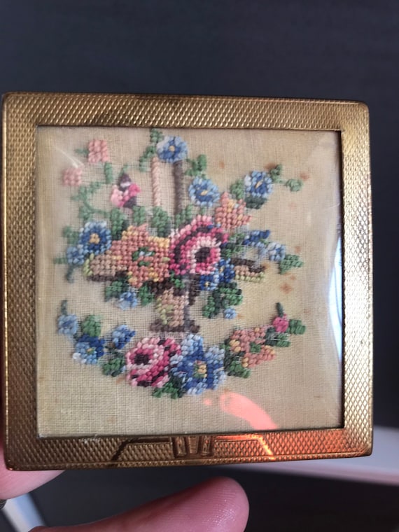 Old Art Deco tapestry Backed square compact