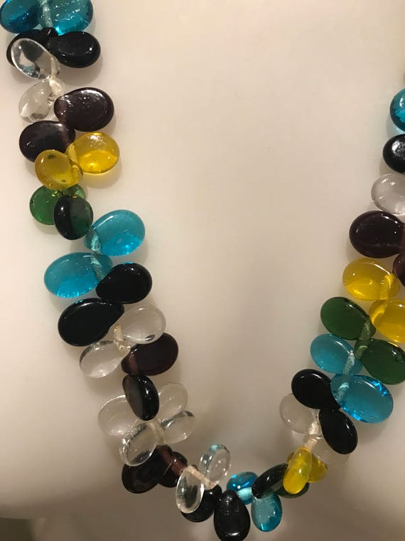 Striking unusual vintage glass tear drop petals in blue yellow and black necklace