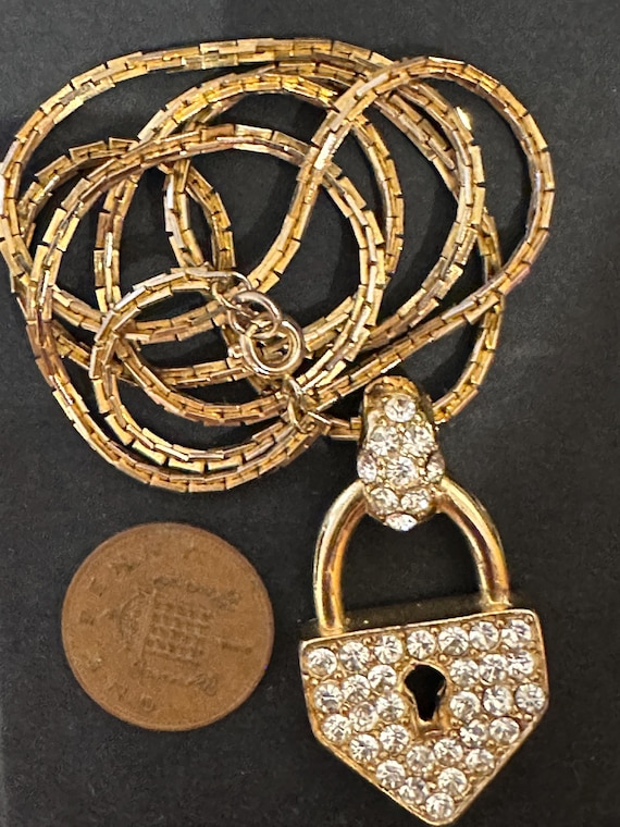 vintage crystal gold plated padlock pendant necklace