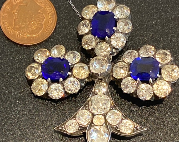 Stunning large Victorian era solid silver Fleur de Lys old cut paste statement brooch pendant imitation diamonds and sapphire