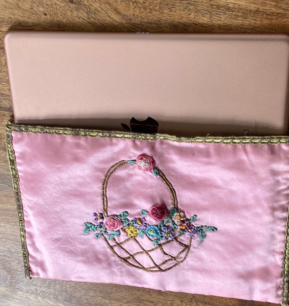Vintage pink silk embroidered pouch case versatile, iPad, book, vanity, multi functional piece