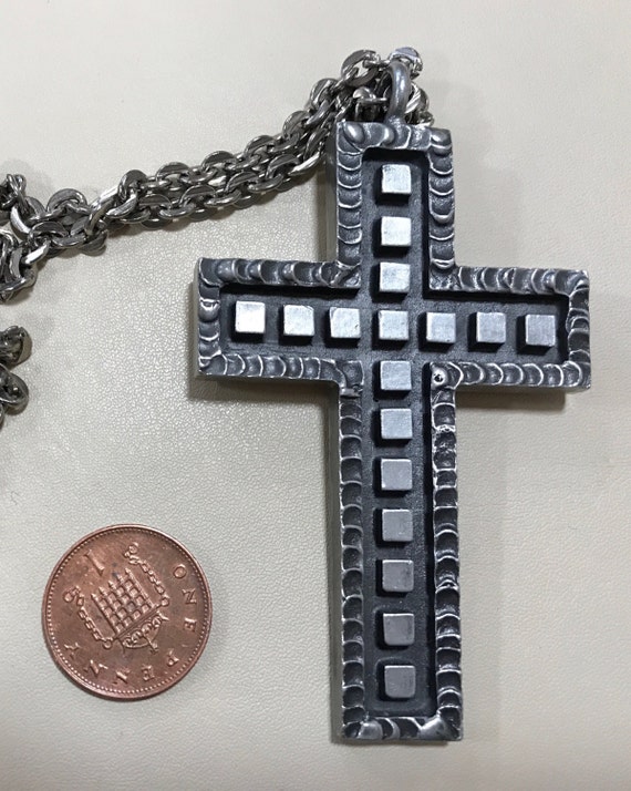 Statement piece brutalist style metal welded cross necklace signed