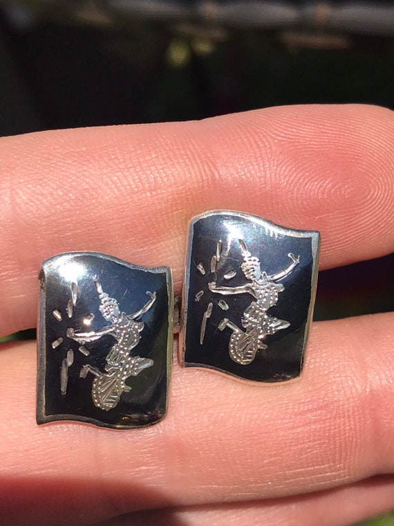 vintage 1950s Niello black enamel on silver siam silver goddess scene mens cufflinks Fathers day gift