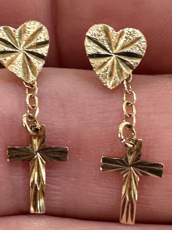 9ct Gold Small Diamond cut heart and Cross convertible dangling Stud earrings