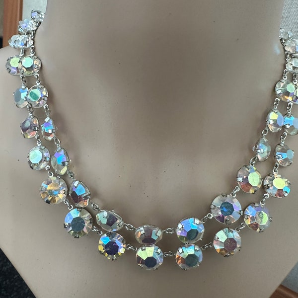 A Beautiful 1950s Vintage Aurora Borealis Crystal open backed bezel set double stranded necklace