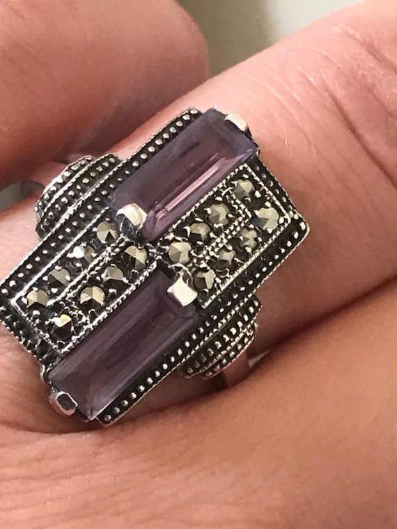 Striking Art Deco style solid silver, Amethyst and Marcasite geometric statement ring size P