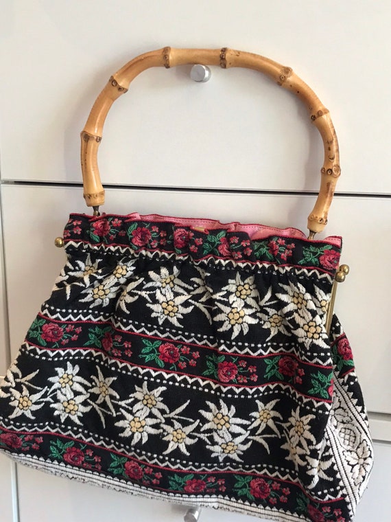 Vintage 1960s woven wool tapestry bag with bamboo handle and gingham lining mint condition