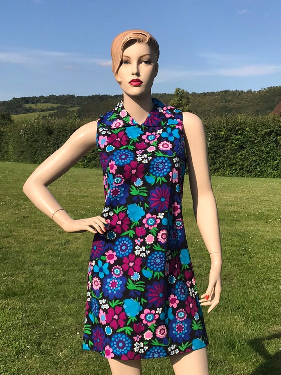 Original 1960s summer mini length dress by St Micheals brightly coloured floral print Uk 8/10