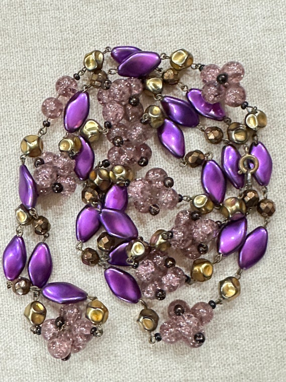 Unusual vintage purple glass long beaded necklace