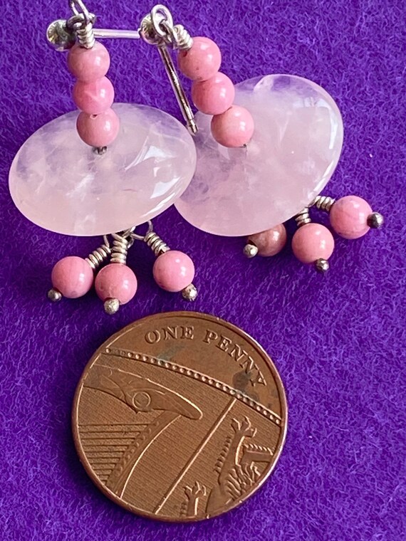 Hand made silver and pink rose quartz dangle drop earrings