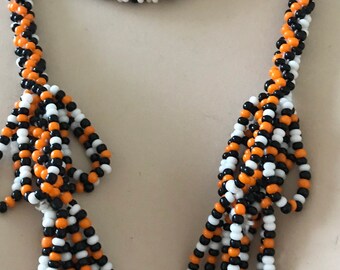 Vintage 1970's geometric striped African style  glass seed bead tassel necklace 49" Summer jewellery