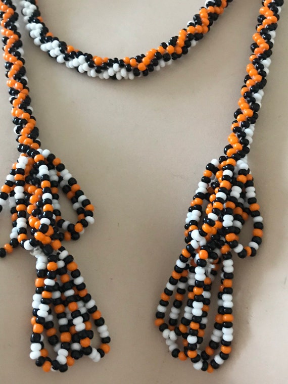 Vintage 1970's geometric striped African style  glass seed bead tassel necklace 49" Summer jewellery