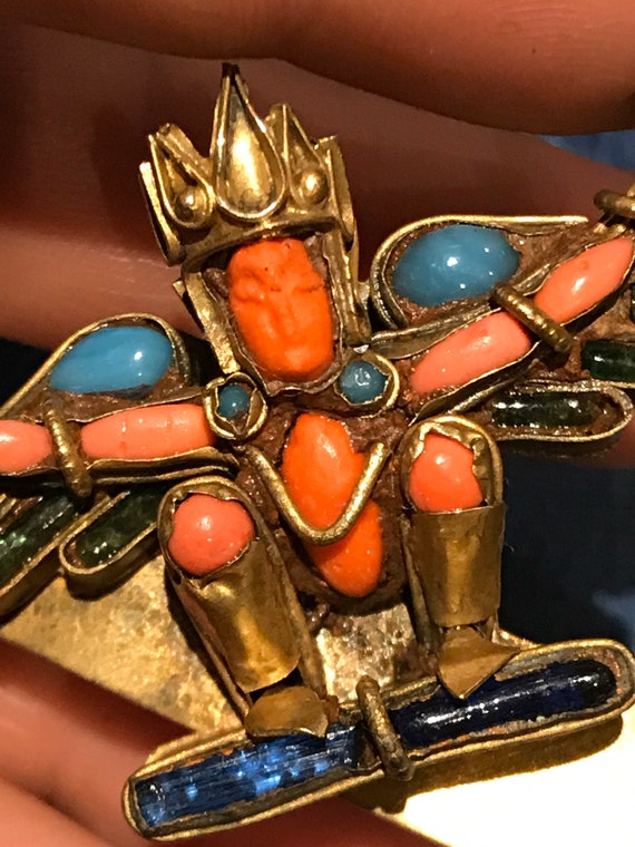 1930s Nepalese natural red coral and Turquoise gemstone clip Buddhist deity collectors piece