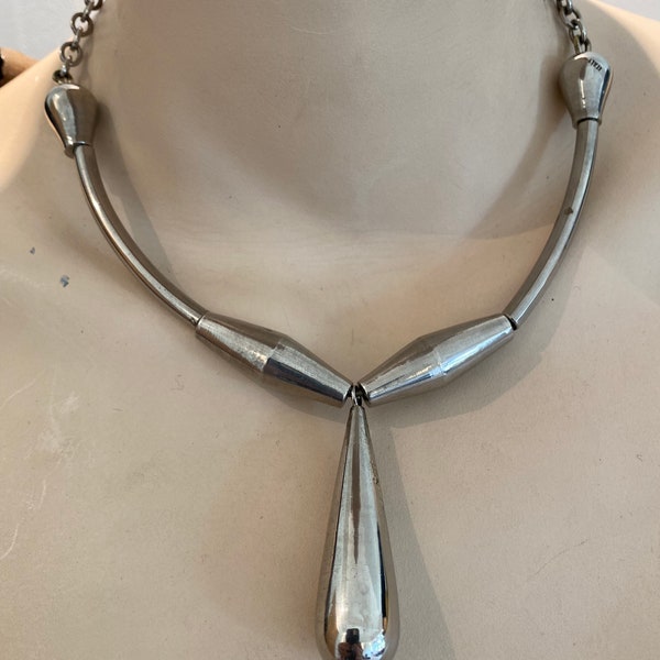 Unusual Modernist industrial chunky silver toned c1960-70s choker pendant necklace signed ITALY
