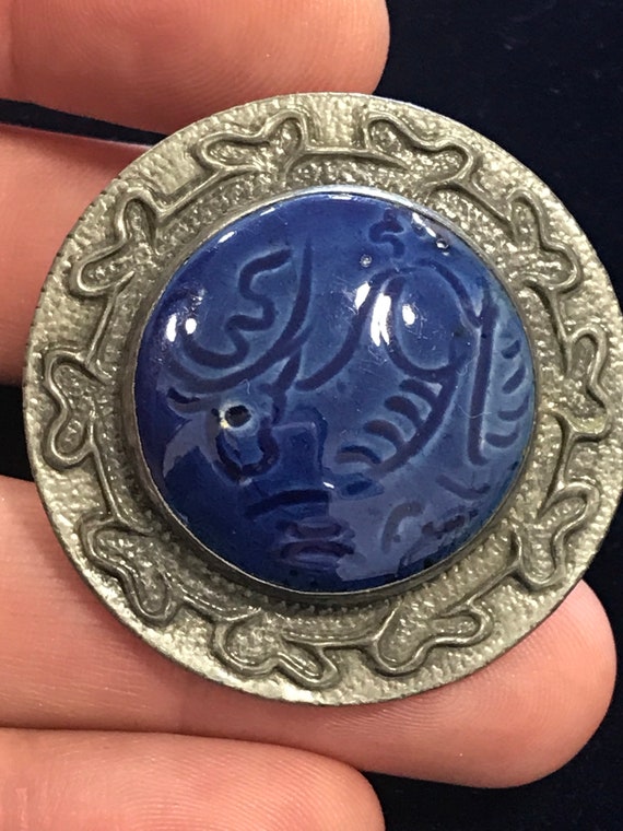 beautiful original vintage Ruskin style pewter brooch/ pin blue tile cabochon center