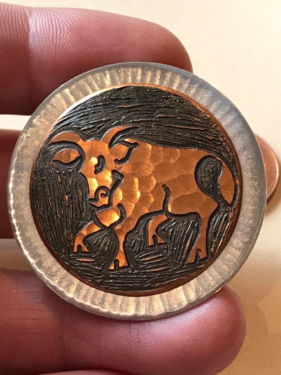 Vintage signed Moda handmade copper bull brooch May birthday star sign Taurus April 20-May21st
