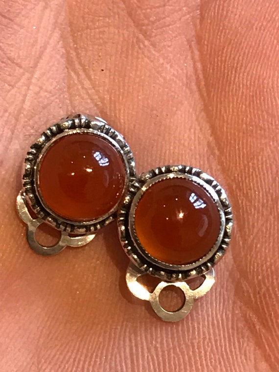Vintage small Solid Silver And carnelian Classic Clip On Earrings
