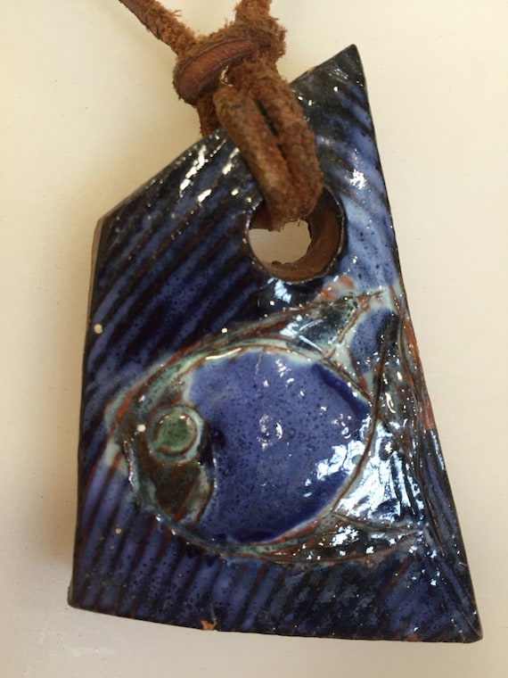 Vintage Abstract glazed ceramic glazed pottery pendant necklace c1960-70s fish design