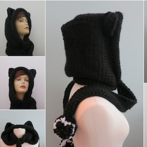 Cat Hat Hoodie with Optional Cat Ears Scarf Pompoms Whimsical and Playful Knitting Pattern