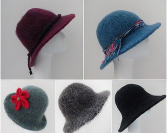 Four of my Felted Hat Patterns #205 Flat Brim Hat using Lamb's Pride, Wide and Reg Brim, Bowlers