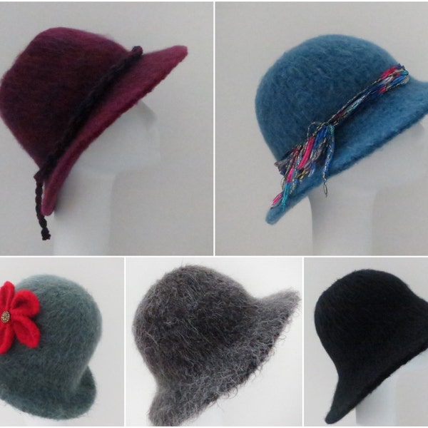 Four of my Felted Hat Patterns #205 Flat Brim Hat using Lamb's Pride, Wide and Reg Brim, Bowlers