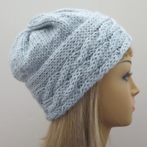 May include: A light blue knitted beanie with a cable knit pattern.