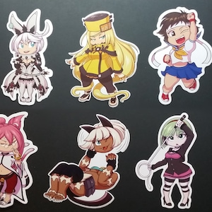 May include: A collection of colorful anime-style character stickers. The stickers feature various characters in dynamic poses, with detailed outfits and expressions. The color palette includes shades of orange, purple, blue, and yellow, with black outlines.
