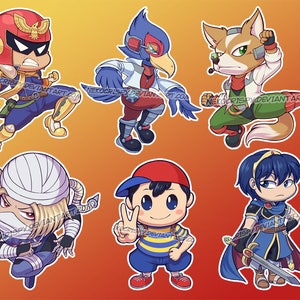 May include: A collection of six cartoon character stickers. The characters include a man in a red helmet, a blue bird-like character, a fox, a ninja, a boy giving a peace sign, and a character holding a sword. The background is a gradient of orange and red.