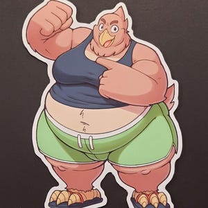May include: A sticker featuring a cartoon bird-like character with a muscular build. The character wears a navy blue tank top and green shorts. The bird is flexing its arm and pointing with the other hand.
