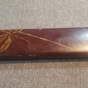 Vintage Asian set of bamboo print and lacquer box with pair of silver Chopstick and spoon